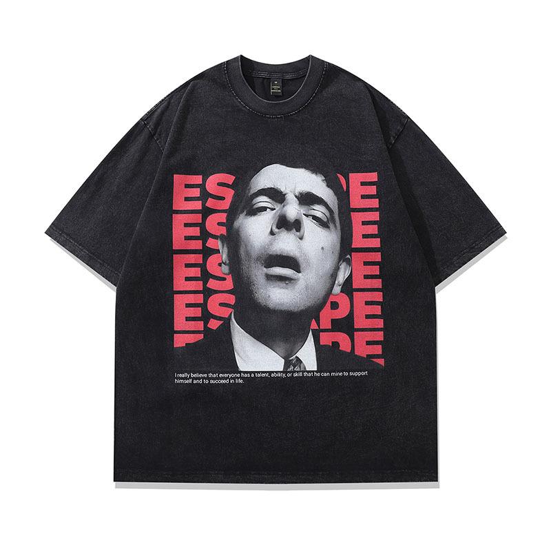 T-shirt a maniche corte lavata effetto invecchiato, stampa a iniezione diretta, ritratto spoof retrò americano, taglia oversize da uomo e da donna, manica a metà
