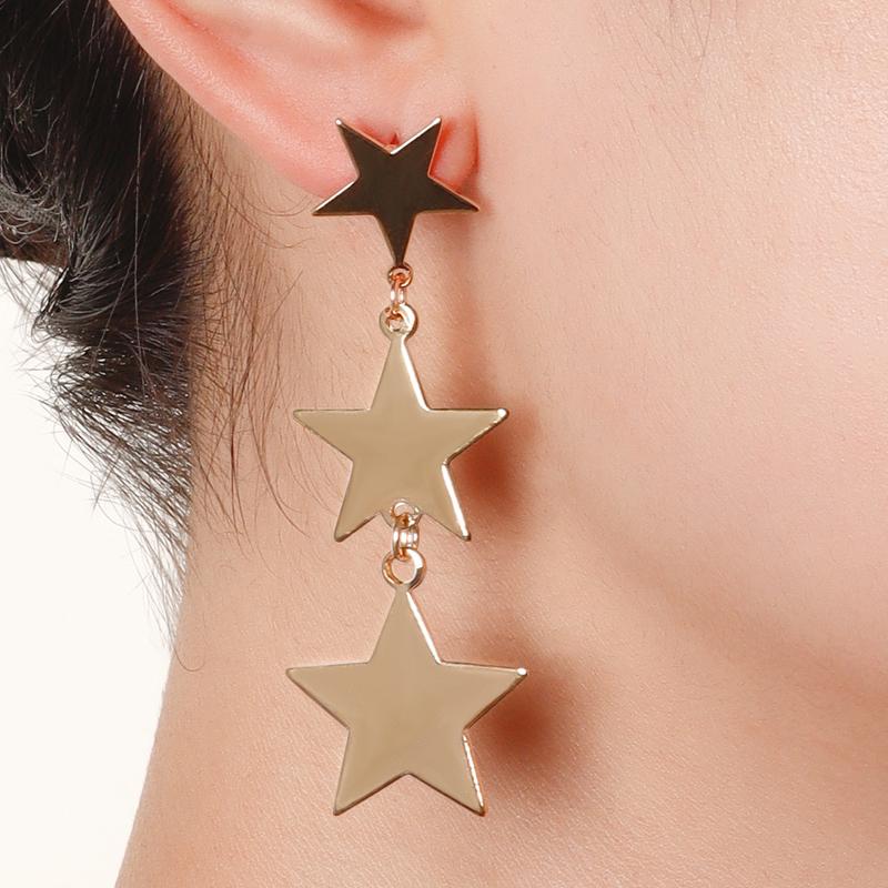 Vintage Long Star Dangle Earrings for Women Trendy Metal Golden copper Color Punk Statement Dangle Earrings Party Zircon