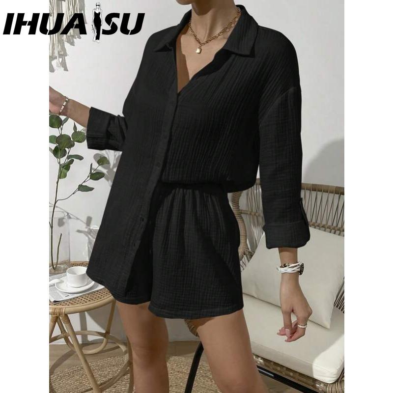 IHUASU Women's Spring and Summer Fashion Solid Colour Long-sleeved Shirt Suit Women Casual Loose Shorts Two-piece Set