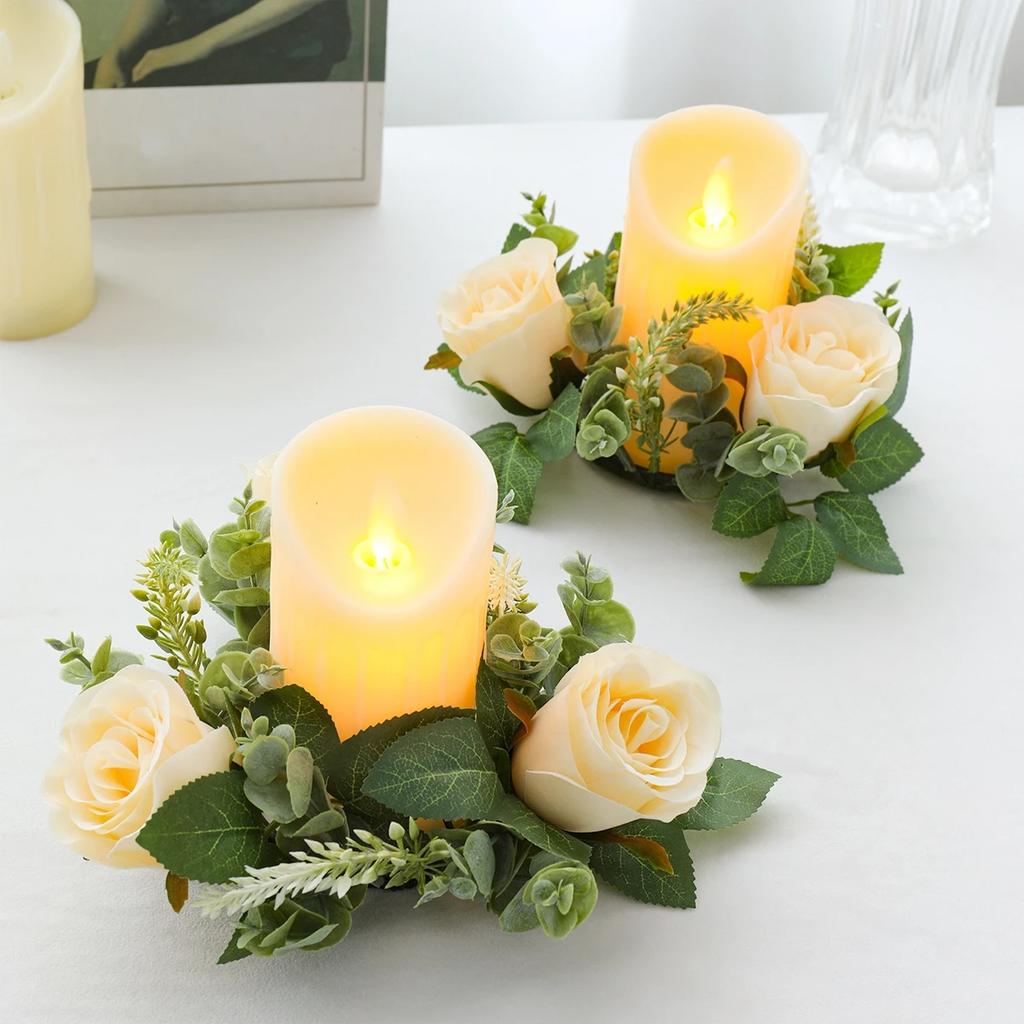 Flower Wreath for Table Small Candle Rings for Wedding Party Christmas Decor Rose Wreaths for Valentine's Day Spring Summer