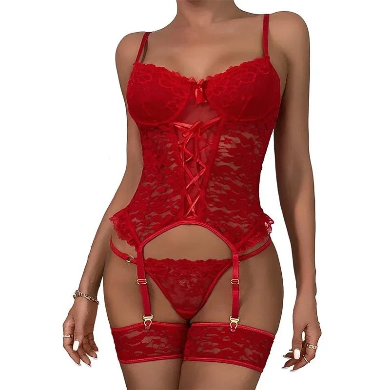 Erotic Set Lingerie Women's Underwear Sheer Lace Bralette Bra Brief Set Garters Thong Sleepwear Sexy Underwear Outfit