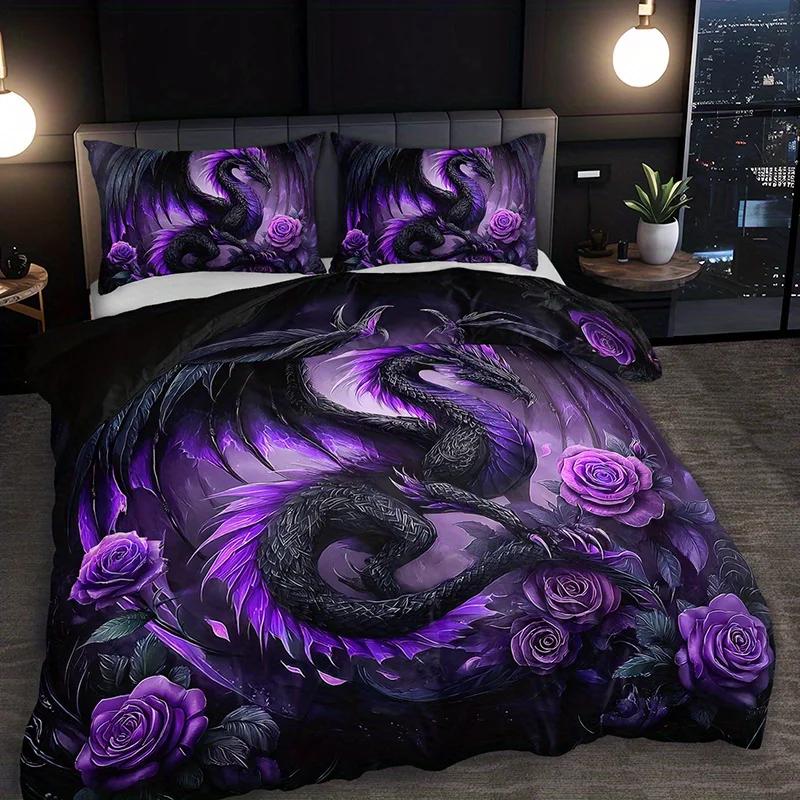Gothic Style Bedding 2/3pcs Dark Purple Dragon and Rose Bedding Set 1 Duvet Cover   Pillowcases Christmas Gift Duvet Cover