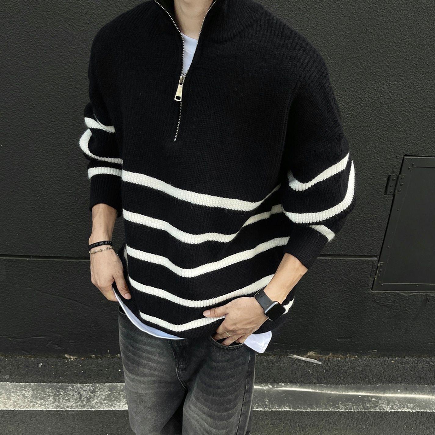 Men s Retro Striped Half-Zip Comfortable Loose Knit Sweater for Autumn and Winter S