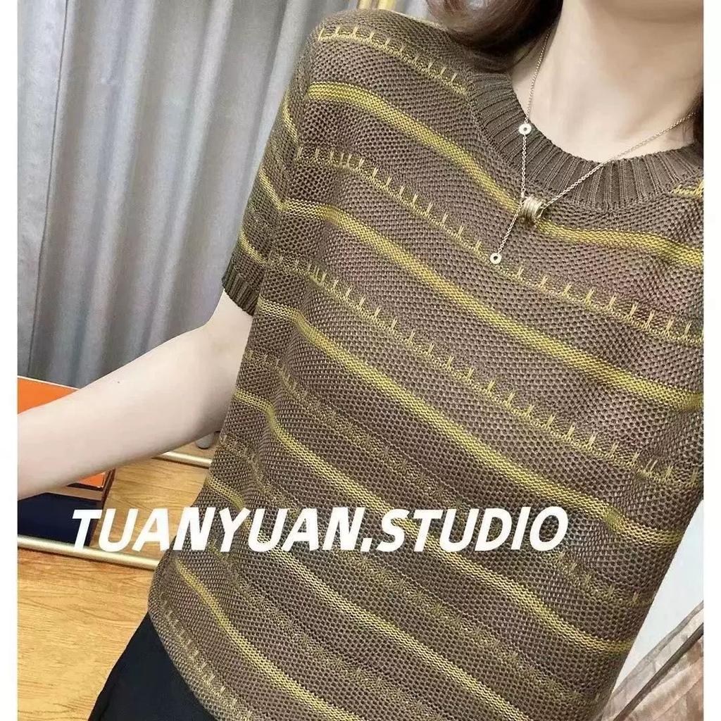 Striped Short Sleeved T-shirt Knitted Sweater Summer Contrasting Retro Loose Versatile Top for Women