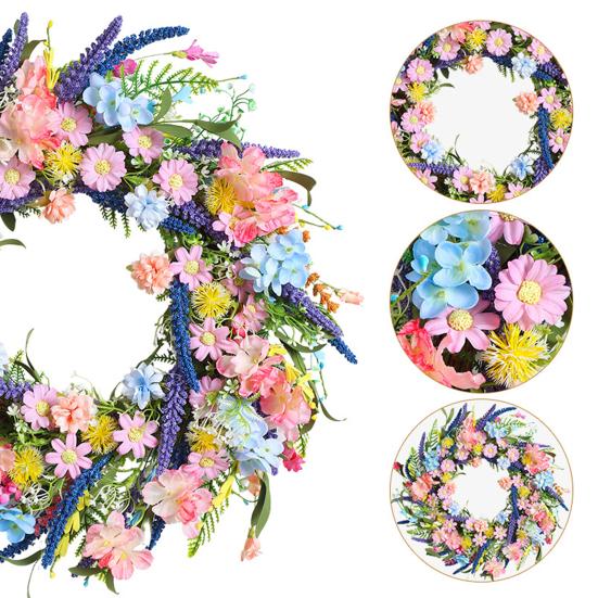 Spring Wreath for Front Door Artificial Floral Wreath with Eucalyptus Leaf Lavender Wildflowers for Easter Indoor Outdoor Home Farmhouse Wall Decor
