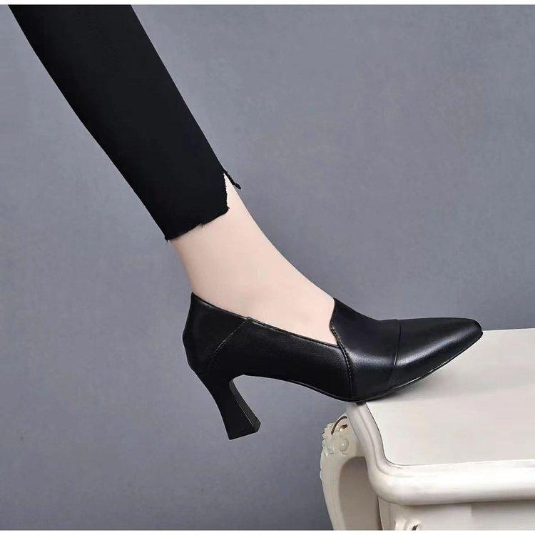 New Women's Pointed-toe Thick-heeled Versatile Basic Open-toe Leather Shoes, Single Shoes