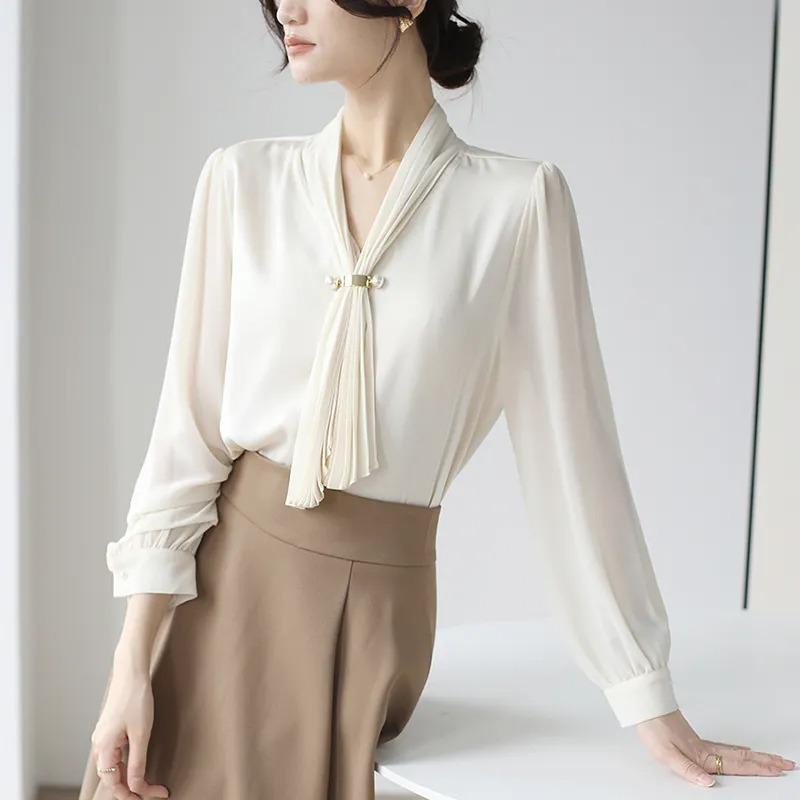 Spring and Autumn New Style French Gentle Commuting Retro Niche Streamer Long-sleeved Shirt for Women