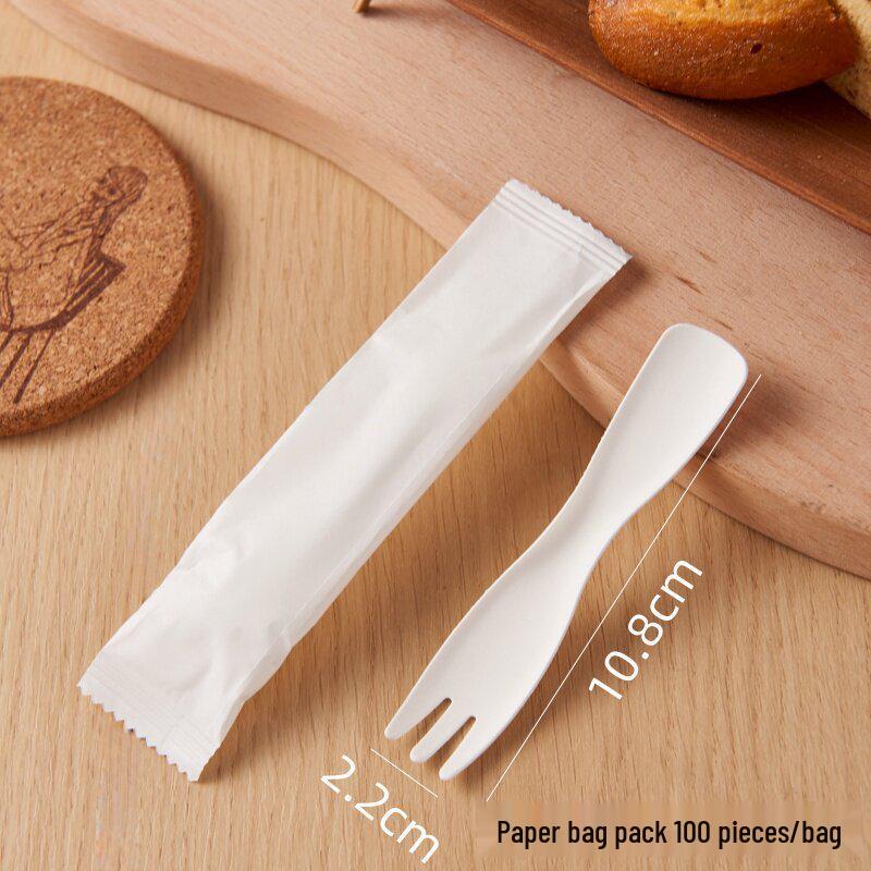 Eco-Friendly Disposable Cutlery Set: Fork, Knife, Cake Fork, Dessert Spoon, and Ice Cream Spoon.