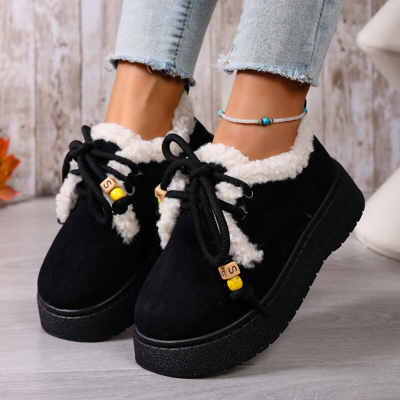 Fashion Comfort Platform Fluffy Fur Snow Boots Women 2025 Winter Thick Bottom Furry Ankle Boots Colored Bead Lace Up Suede Casual Shoes
