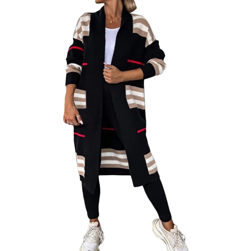 Maglione cardigan lavorato a maglia a righe lunghe da donna autunno e inverno