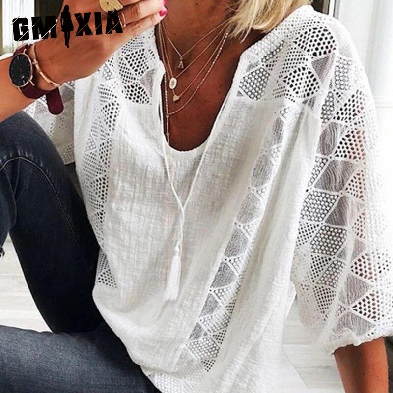 

GMXIA Жіночі модні повсякденні одноколірні блузки та сорочки з V-подібним вирізом із принтом S білий