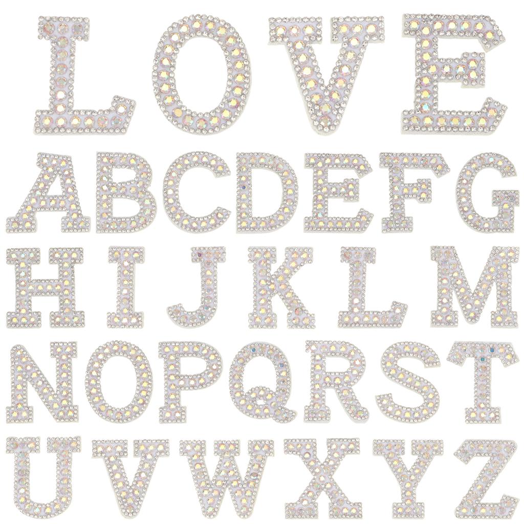 26pcs A-Z English Letter Glitter Pearls Rhinestone Patches Repair Embroidered Sew on Appliques,Patches for DIY Clothes Bags Hats
