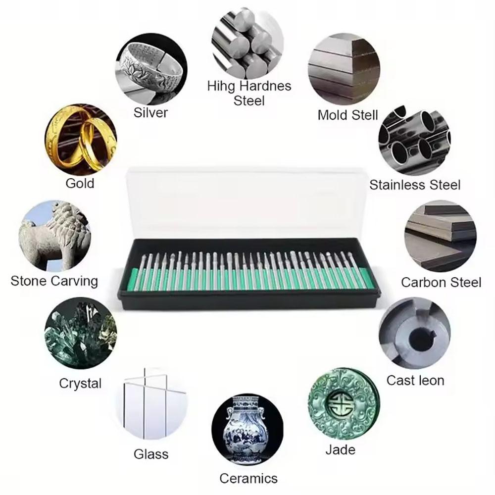 30Pcs 3/2.35mm Shank Diamond Burs Set Diamond Grinding Needles Hand Tools for Engraving Glass Ceramic Polishing Sanding