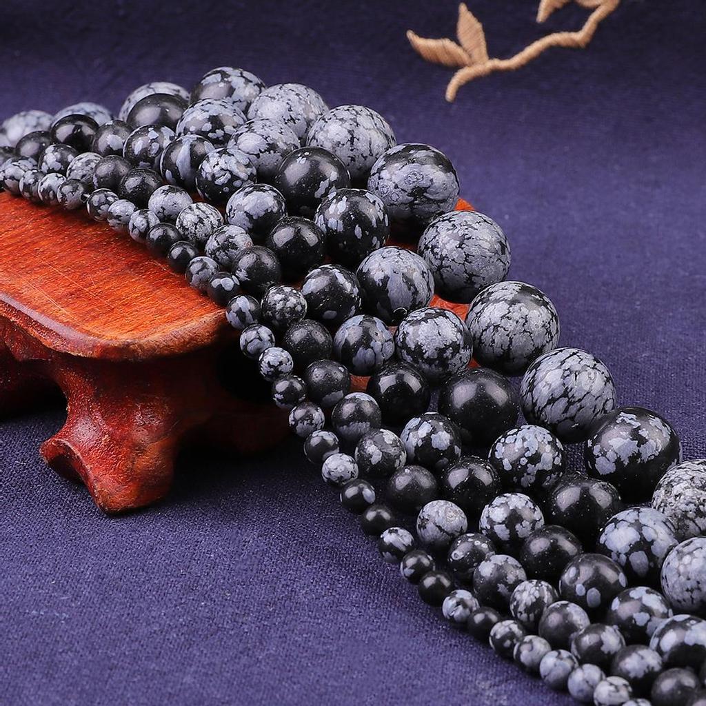 Pedra Natural Obsidiana Floco de Neve Redonda Contas Soltas Fio 15" 4 6 8 10 12MM Escolha o Tamanho Para Fazer Joias