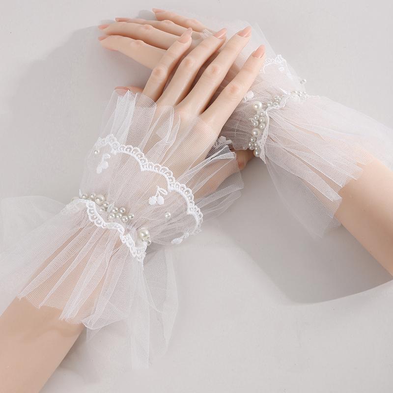 Beautiful Mesh Pearl Short Bridal Dress Lace Fake Sleeves Wedding Decoration Cuffs Pography Props Accessories