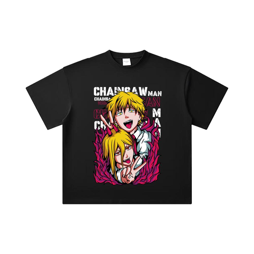260 GSM Double Yarn 32 Count 100% Cotton Chainsaw Man V39 Denji Power Print Unisex Heavy Cotton T Shirt