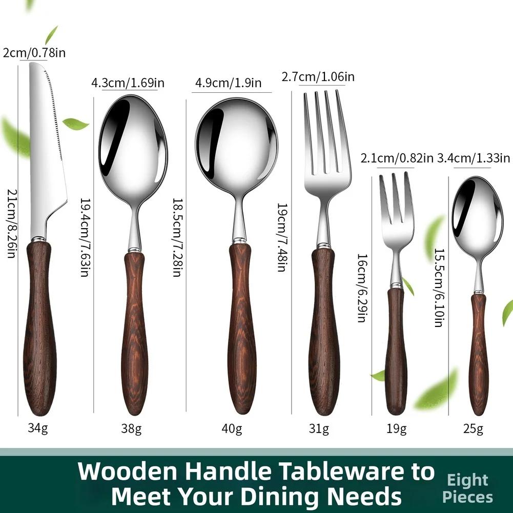 4/6 Pcs Stainless Steel Tableware-Utensil, Fork, And Spoon Set Wooden Handle Cutlery For Steak Dining Kitchen Flatware Sets