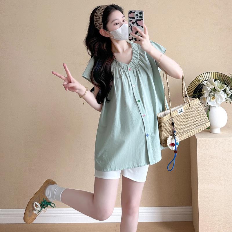 

Korean V-neck Puff Sleeve Sweet Doll Top with Belly Support Shorts M