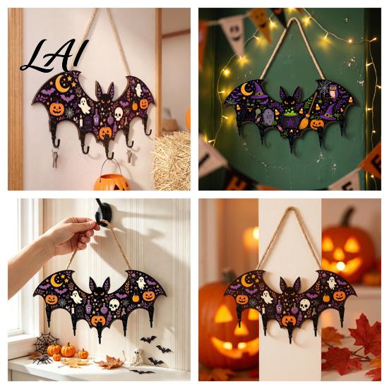 Decorative Entryway Key Hanger Halloween Bat Shaped Wooden Hook 2D Wall Mounted Hanging Decor with Holder for Pumpkin Ghost Witch Pattern,