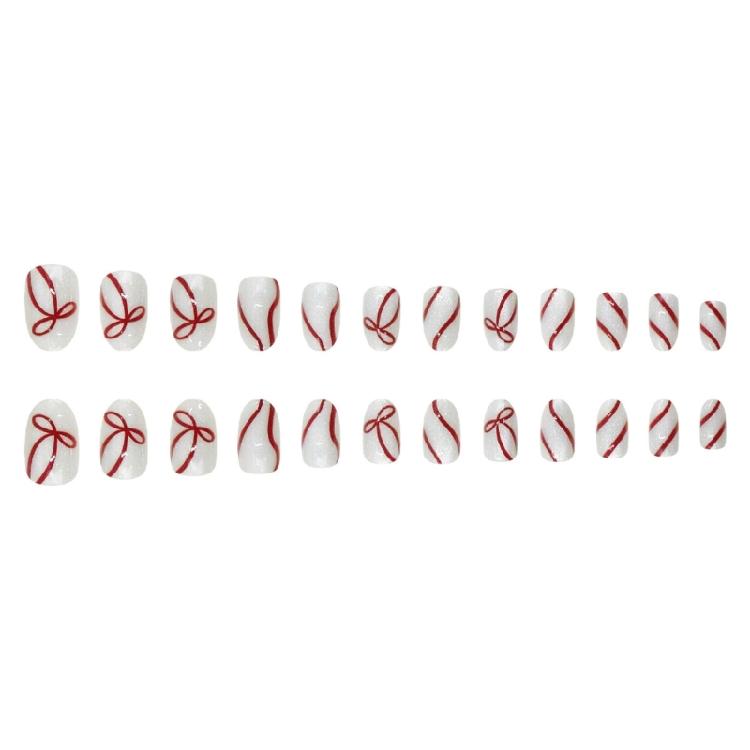 Christmas Inspired Press On Nail White Oval Design Red Accents 24pcs Professional Manicures