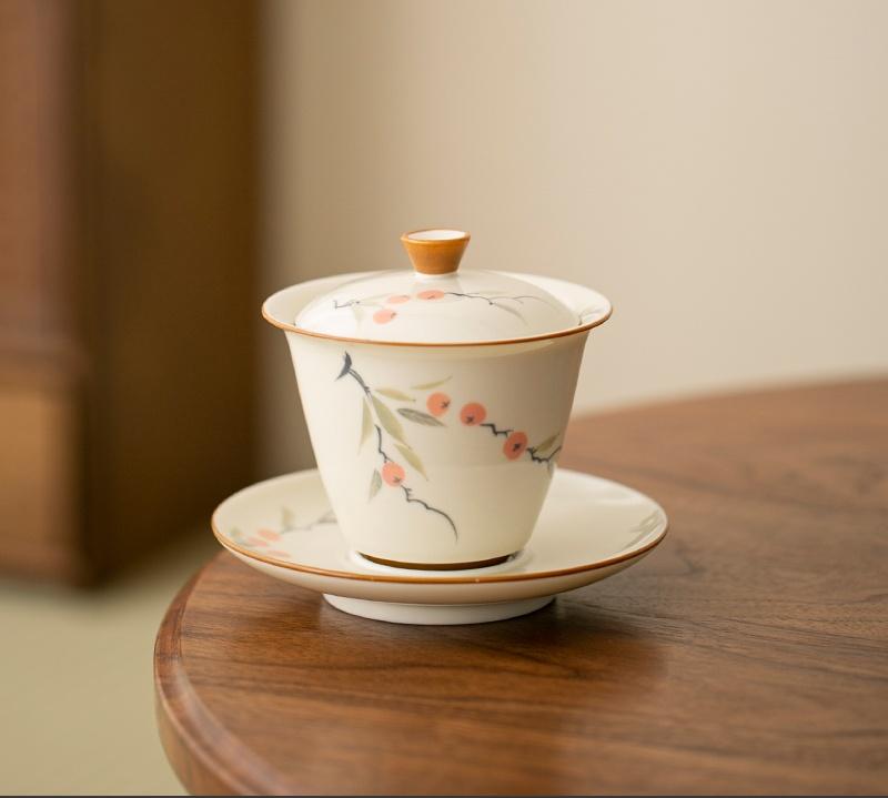 150ml Hand-painted Persimmon Bamboo Cover Bowl Household Anti Scald Gaiwan Handmade Tea Tureen Tea Making Tea Cup Tea Items