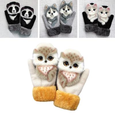 Women Men Winter Knitted Gloves Cute 3D Fluffy Cartoon Animal Thermal Mittens