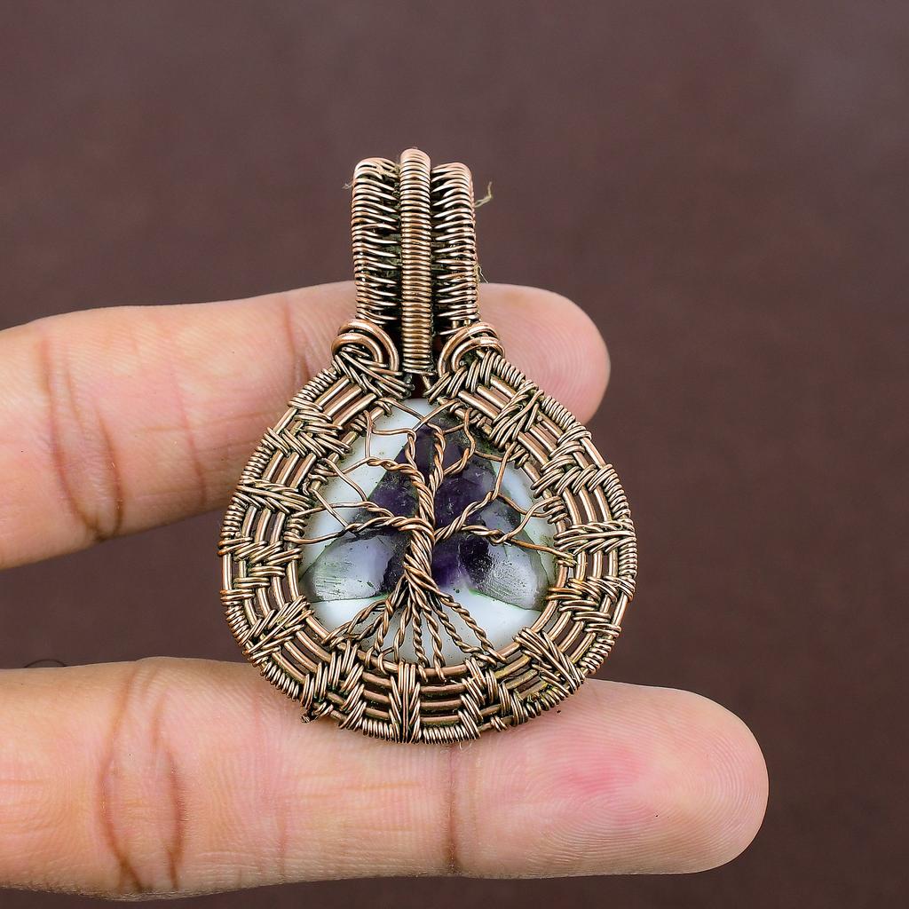 Natural Tree Of Life Sage Amethyst Gemstone Copper Wire Wrap Pendant 2.17" a5j74