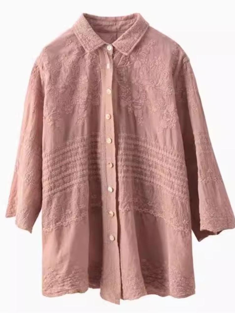 Johnature Damen Vintage Print Blumenhemden Stickerei Einfarbige Blusen Sommer Knopf Halbarmhemden