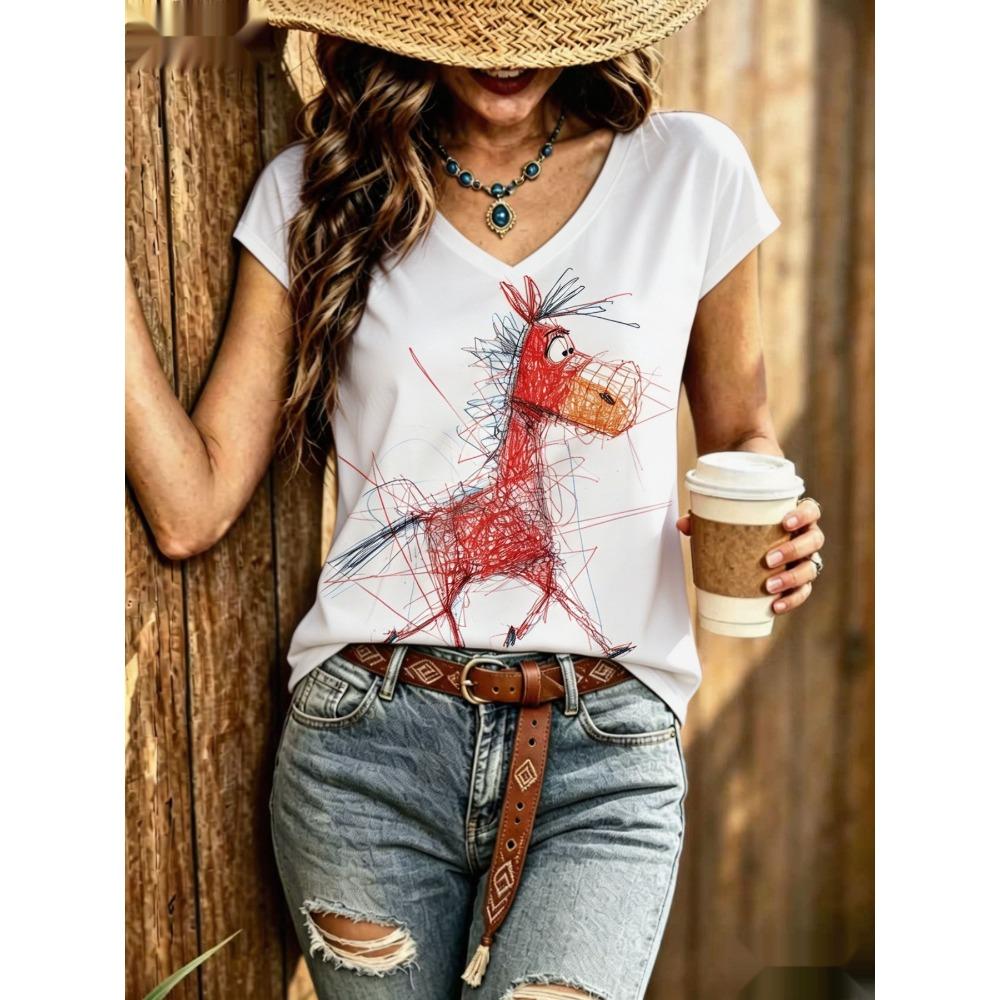 Sommer Buntes Tier 3D Muster Kurzarm T-Shirt Modisches Bequemes Oversized Atmungsaktives Damen V-Ausschnitt T-Shirt
