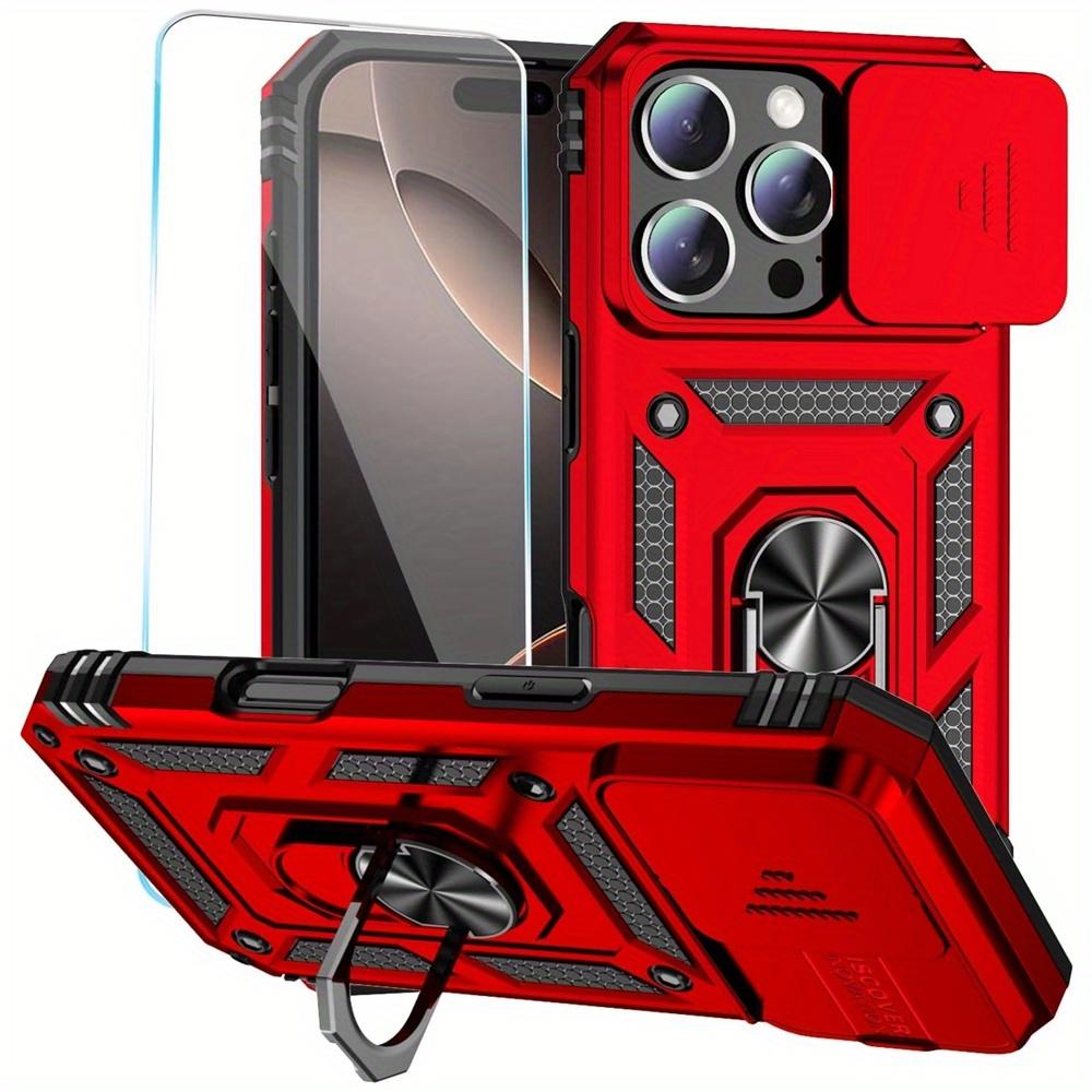 

для iPhone 17 16 16e 15 Pro Max 14 Plus 13 12 11 Чехол Бампер для телефона с прозрачным защитным стеклом для экрана, сдвижной крышкой для камеры, кольцом-подставкой iPhone 11 Pro Max красный