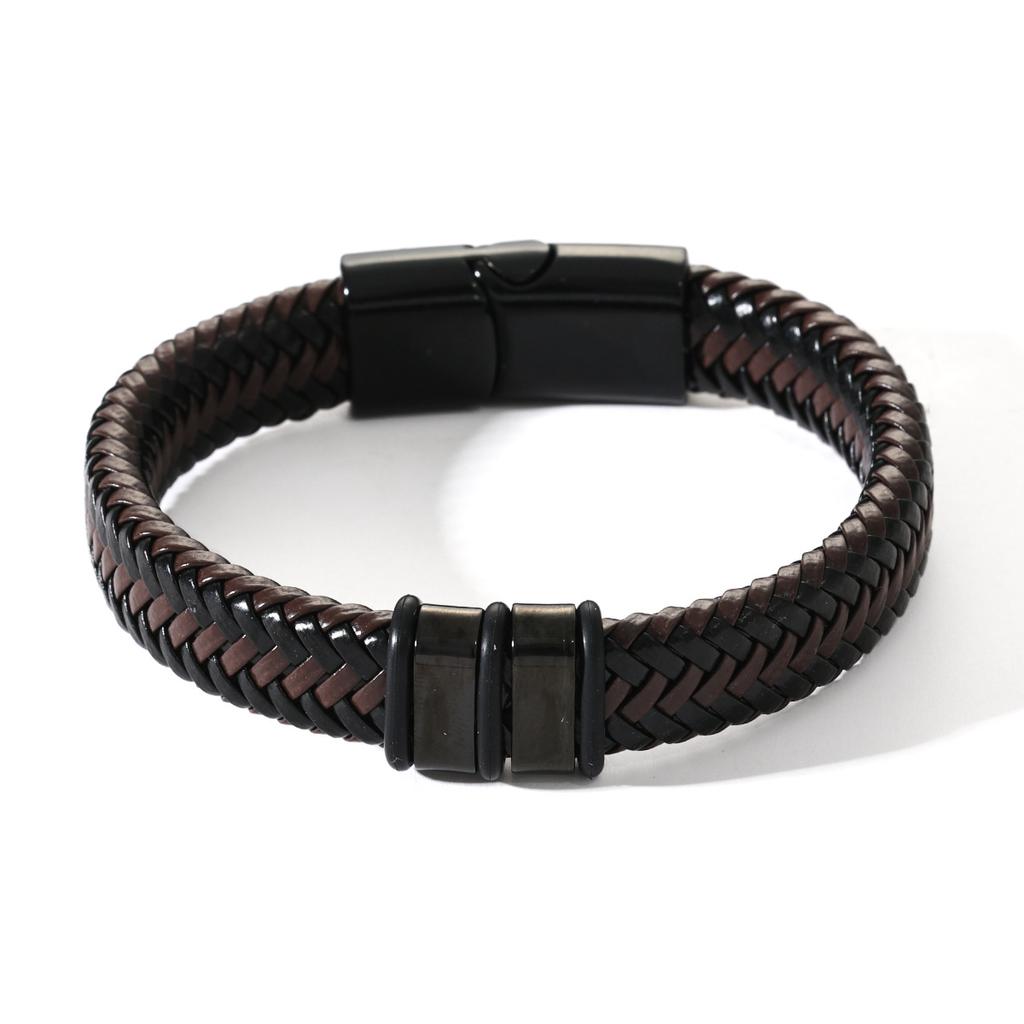 Luxury Punk Mens Double-Row Braided Leather Bracelet Bangle Rope Black Wristband with Stainless Steel Gift for Boy Male Father Jewelry Accessories