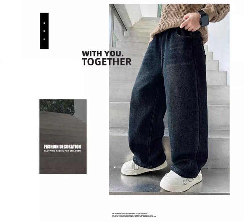 2025 Blugi pentru Băieți Mărimi Mari cu Căptușeală Fleece cu Croială Dreaptă pentru Adolescenți Supraponderali – Pantaloni Lungi de Primăvară și Toamnă Pantaloni la Modă