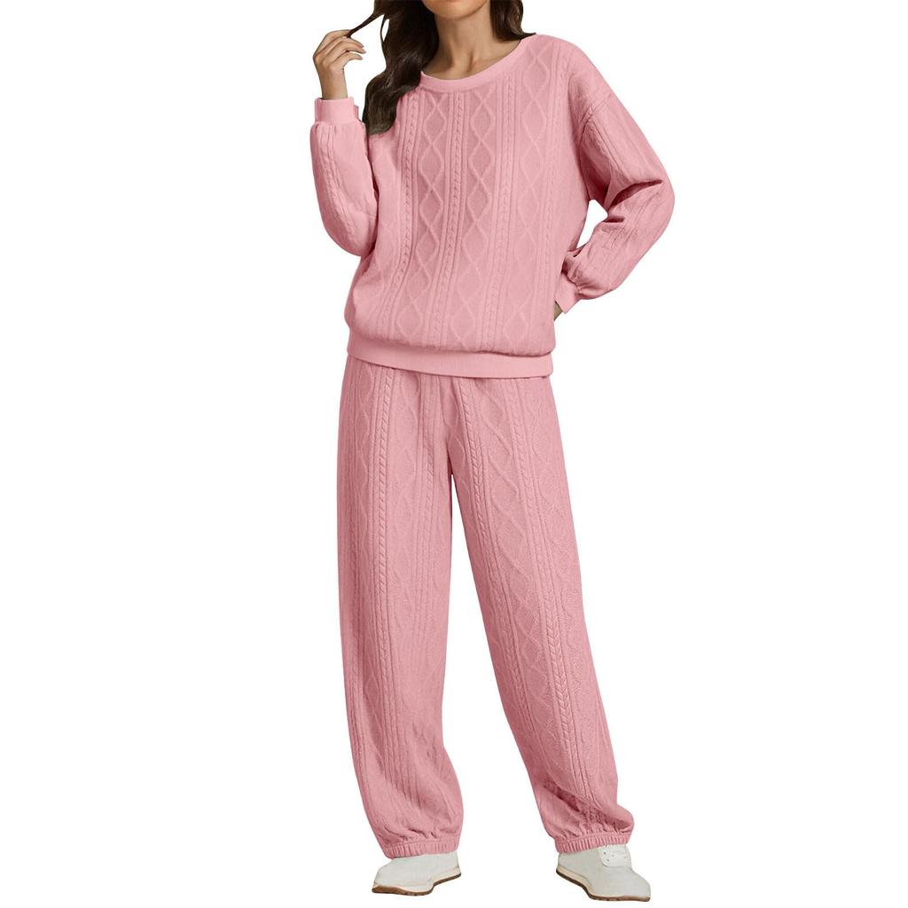 Women's Fashion Color Round Neck Long Sleeve Top Elastic Waist Casual Pants Loose Sports Two Piece Set