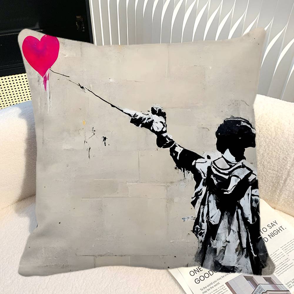 Street Graffiti Banksy Boy Girl With Balloon Pillow Case Square Pillow Bedroom Sofa Leisure Comfort Cushion Car Home Decoration