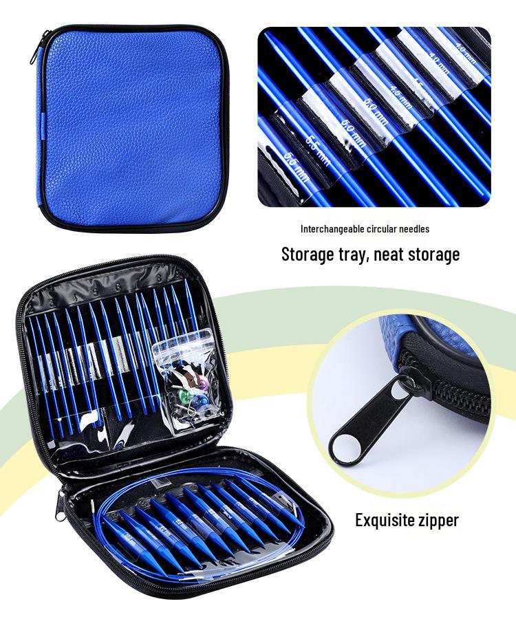 Blue Detachable Circular & Straight Knitting Needle Set with Replaceable Yarn Needles and Rope