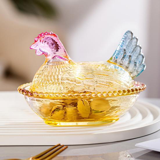Chicken-Shaped Glass Candy Dish Hen on Nest Dessert Dish with Lid Funny Snack Bowl for Fruits Salads Home Table Decor