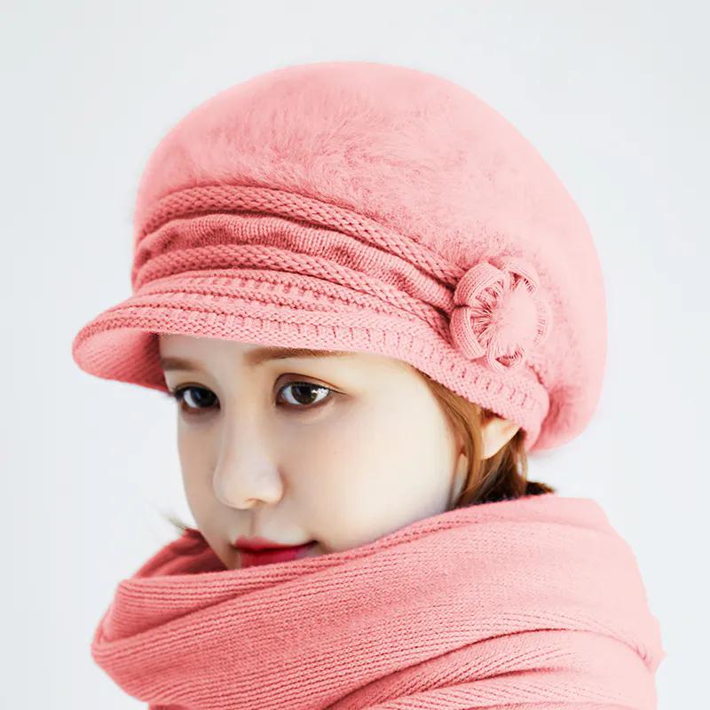 Female Winter Hat Korean Version of The Flower Knitting Cap Warm Beret Wool Cap Fashion Thickening Ear Protection Cap Rabbit Hair Cap