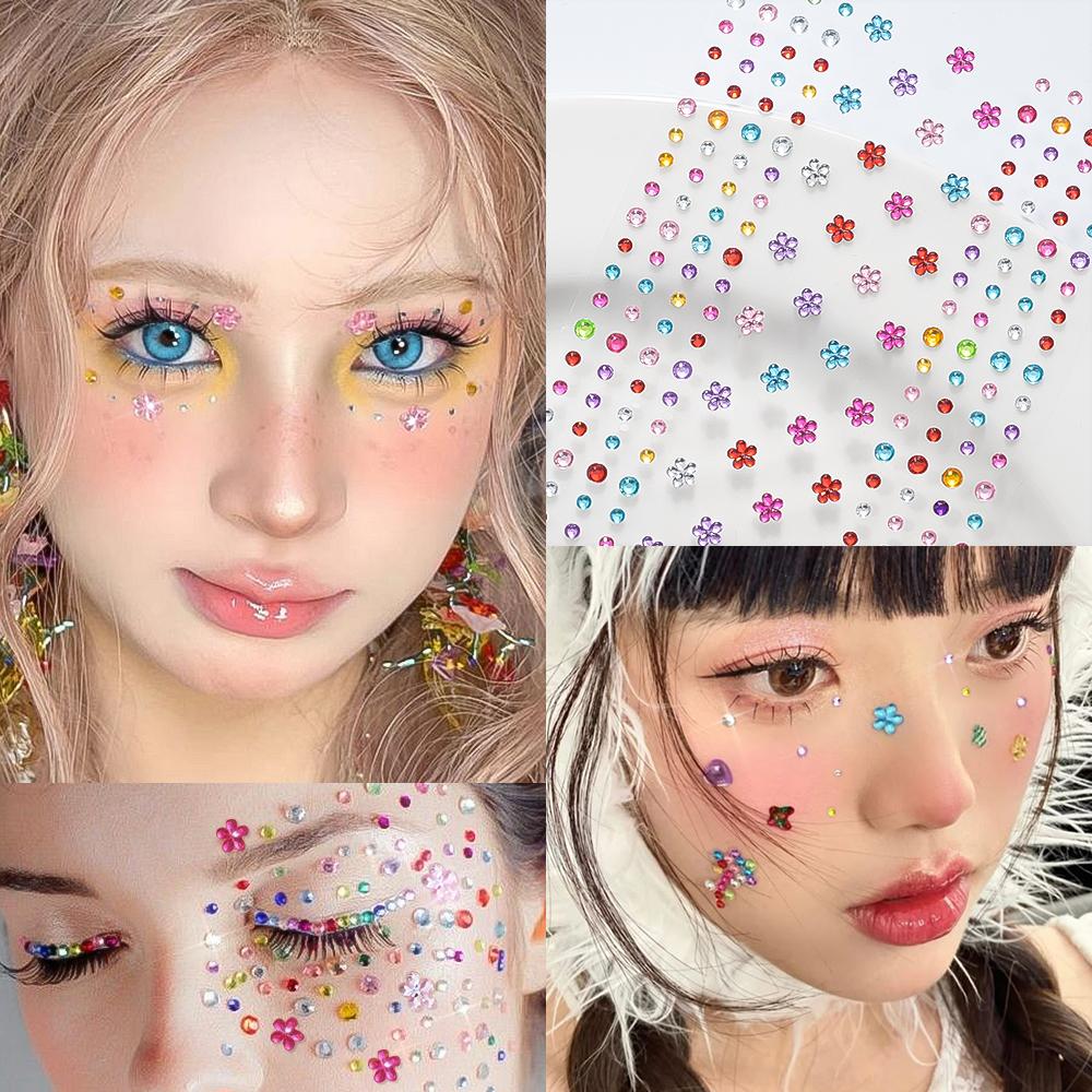 3D Colorful Star Flower Face Diamond Sticker Bling Rhinestone Self-Adhesive Fake Tattoo for Party Stage Makeup Gems Stickers
