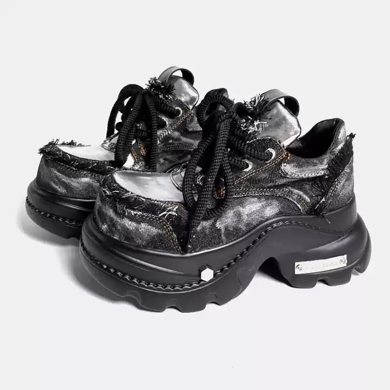 Fashion Women's Punk Style Leather Shoes Lace-up Heel Height 8CM Platform Female Gothic Ankle Boots PU Biker Boots Thick Bottom Sneakers