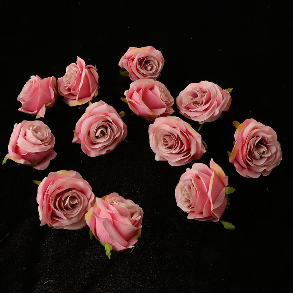 12 Pieces Artificial silk flower rose Head Simulation Beautiful Bridal Hair Band crafts Deep Pink