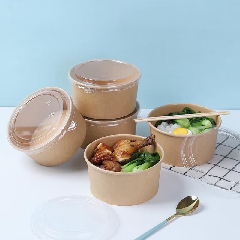 Fangcaodi 1000ml Disposable Kraft Paper Takeout Bowls with Lids (50-Count)