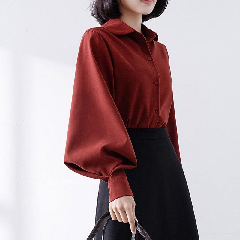 Spring Autumn New Korean Fashion Simple Shirt Fashion Women Lantern Long Sleeve Loose Office Blouse Doll Collar Top Casual Loose Simple Clothes 2595