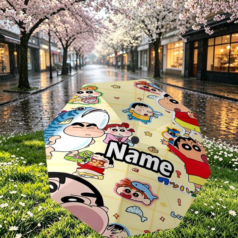 Custom Name Personalized Crayon Shin Print Umbrella, Auto Open Close, 8‑Rib Sturdy Frame, Commute Camping Hiking Use, Birthday Gift