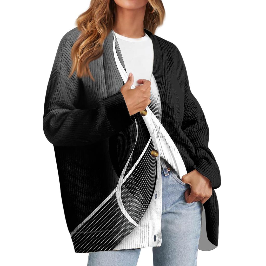 Women's Fashion Long Sleeve Print V-Neck Button Loose Cardigan Top