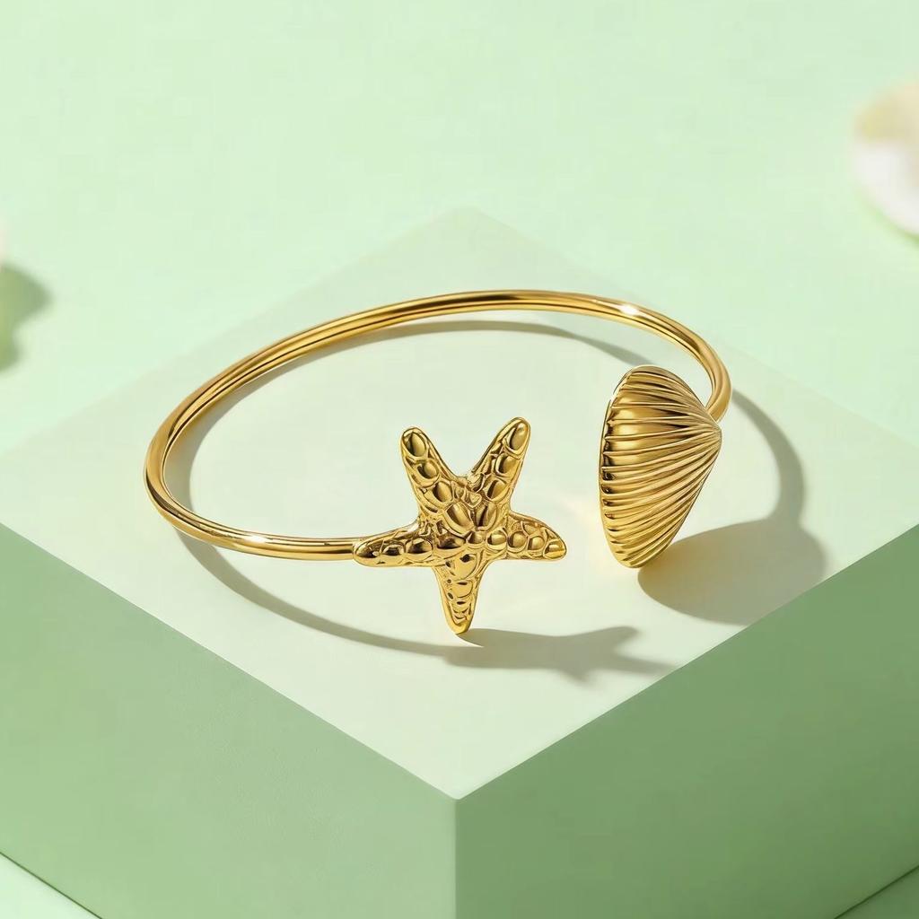 Minimalist Starfish Shell Cuff Bracelet for Women Gold Color Stainless Steel Bangle Ocean Style Bracelets Fashion Wrist Jewelry