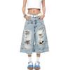Culottes de Denim Desgastado de Cintura Alta para Mujer, Jeans Acortados de Pierna Ancha con Dobladillo Deshilachado para Streetwear