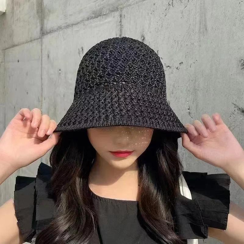 Spring Summer Breathable Hollow Fisherman Hat Sun Protect Wide Brim Sunscreen Cap for Women Beach Panama Straw Dome Weave Bucket