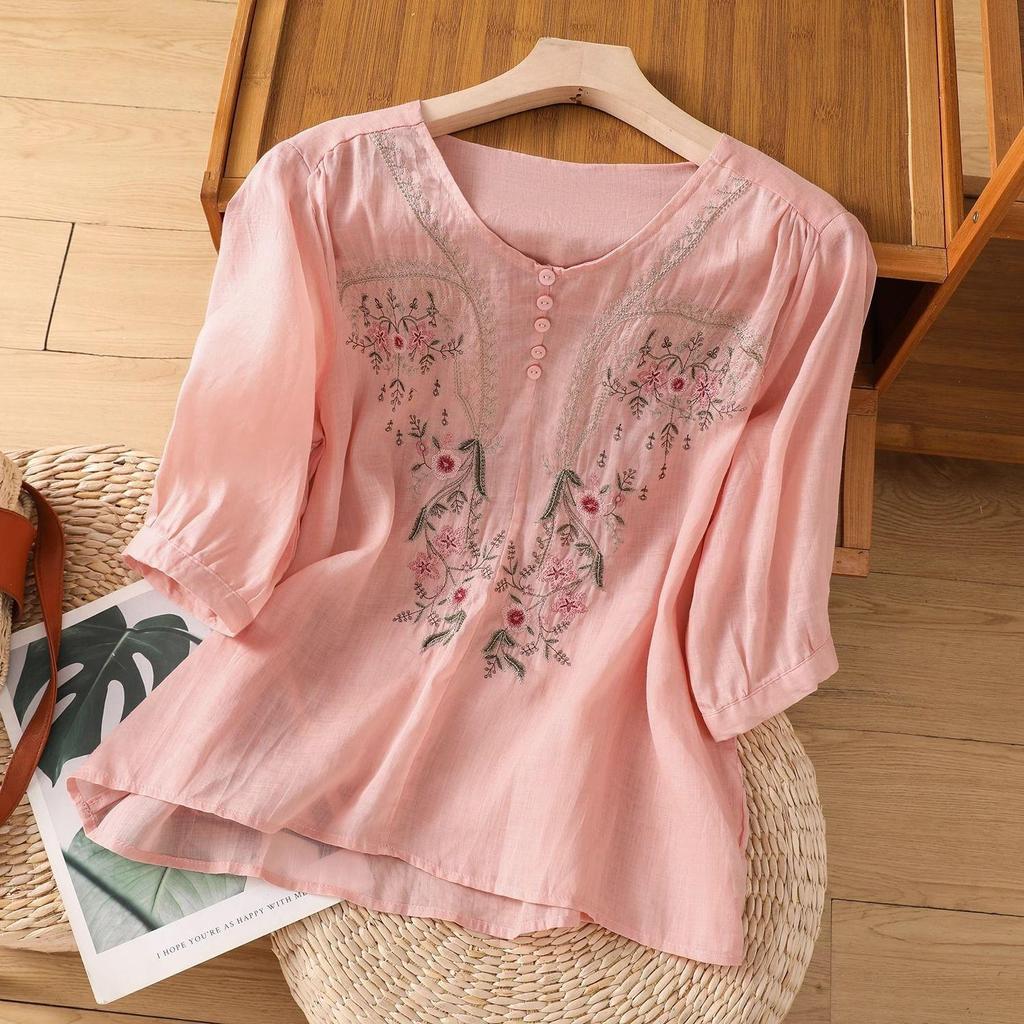 Summer Loose Cotton Linen Tops Short Sleeve Embroidered Blouses Chinese Style Women's T-shirt Slimming Shirt