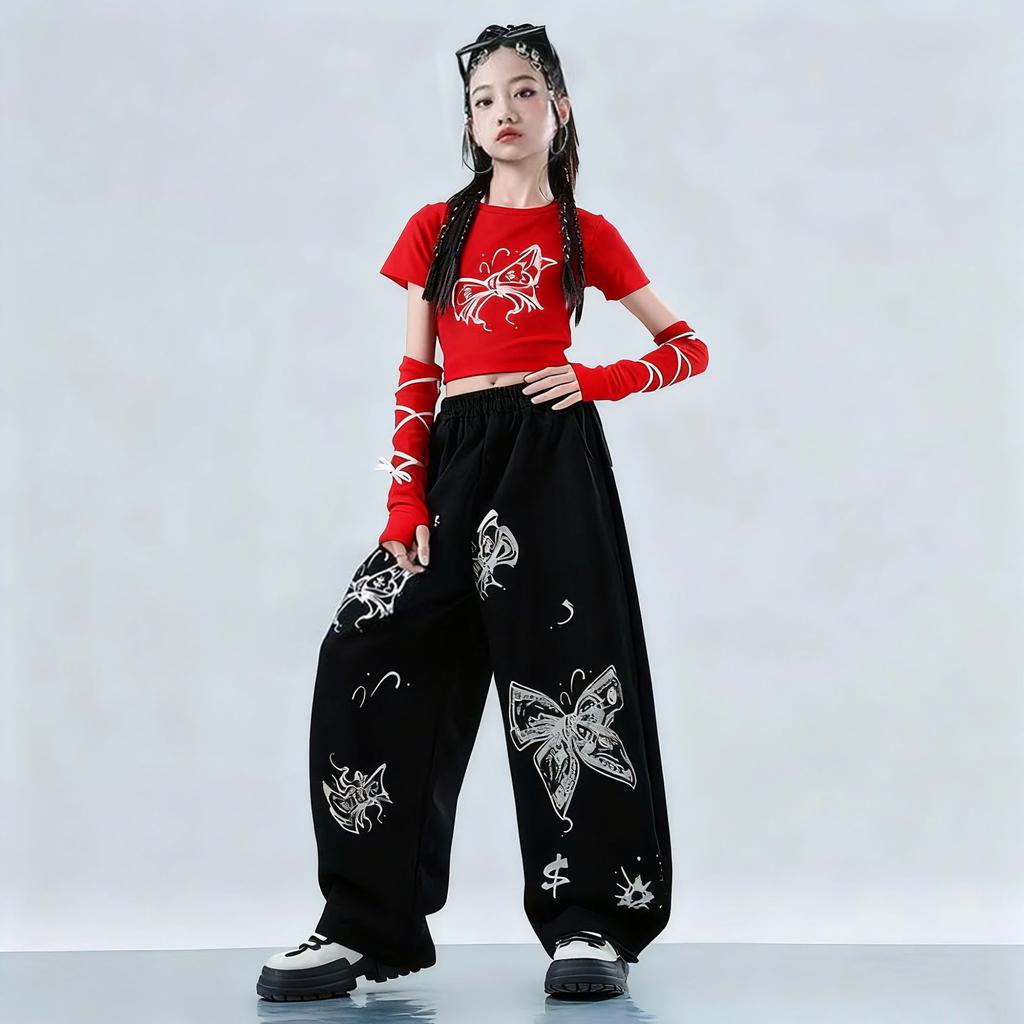 Summer Girls Jazz Dance Costume Trendy Crop Top Short Sleeve High Waist Pants Set For Stage Performance