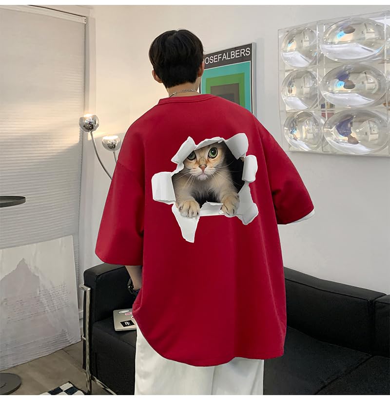 BUTMYJ Summer Cat Print Cute and Funny 3D Cat with a Lively Cat Back Plus Round Street Loose Solid Short Sleeves Men's T-Shirt, T-Shirt Print, Sizes,
